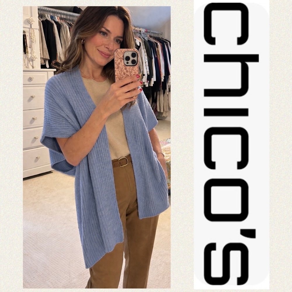 Chico's dusty blue Ribbed Knit Draped Shawl Cardigan women’s S/M